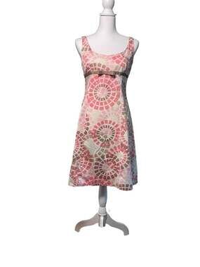 Maggy London Y2K Pink & Brown Geometric Circle Print Empire Waist Dress, Size 8P